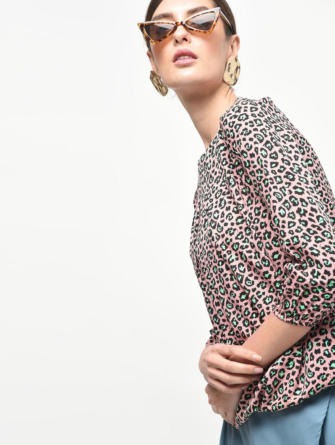 round neck animal print blouson top - 16523882 - Zoom Image - 2