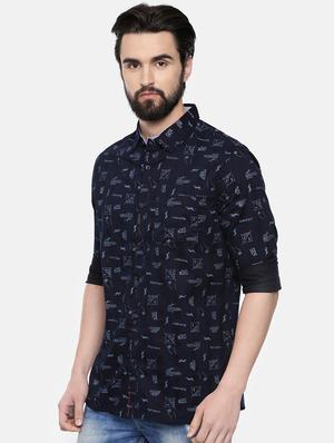 dark blue printed casual shirt - 16523963 - Standard Image - 2