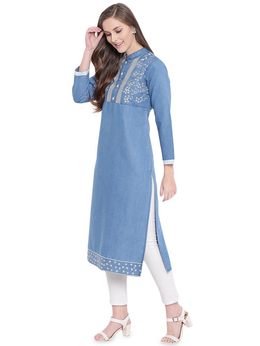embroidered denim straight kurta - 16524411 - Zoom Image - 2