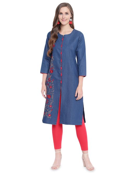 embroidered denim straight kurta - 16524413 - Standard Image - 1