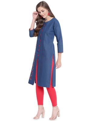 embroidered denim straight kurta - 16524413 - Standard Image - 2