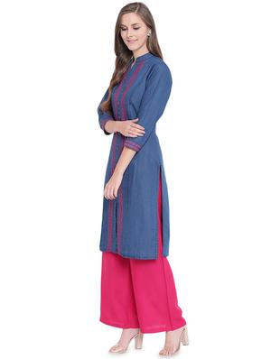 embroidered denim straight kurta - 16524414 - Standard Image - 2