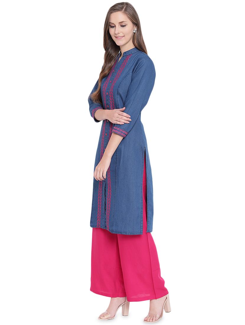 embroidered denim straight kurta - 16524414 - Zoom Image - 2