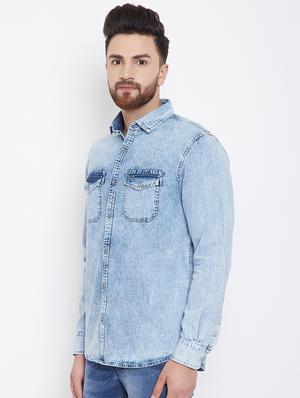 light blue faded denim casual shirt - 16528146 - Standard Image - 2