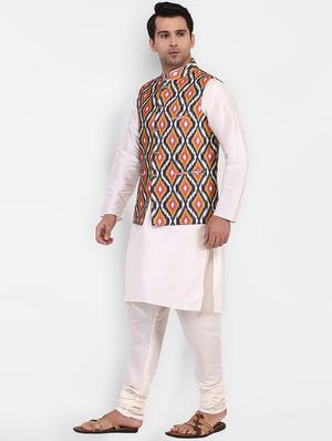 white silk blend kurta pyjama set with nehru jacket - 16531153 - Standard Image - 2