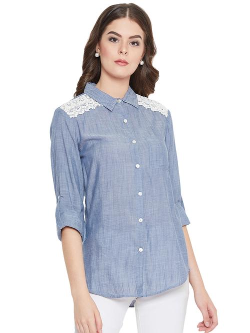roll up sleeved contrast lace denim shirt - 16548936 - Standard Image - 1