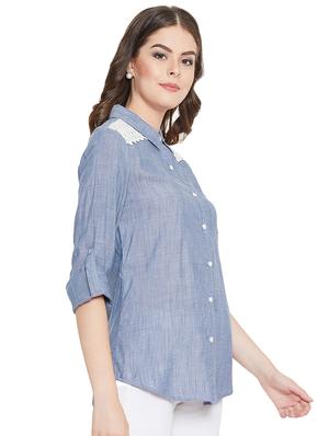 roll up sleeved contrast lace denim shirt - 16548936 - Standard Image - 2