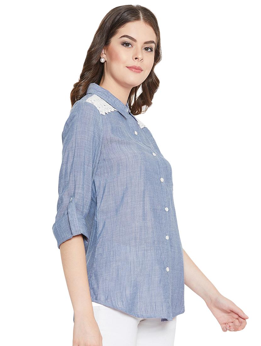 roll up sleeved contrast lace denim shirt - 16548936 - Zoom Image - 2
