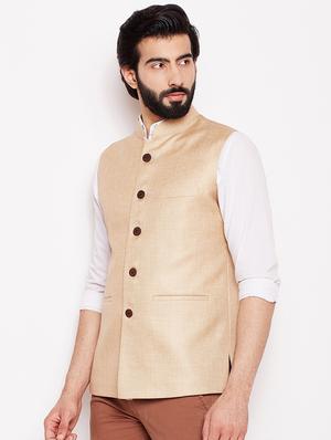 beige silk solid nehru jacket - 16550834 - Standard Image - 2
