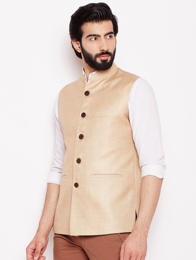 beige silk solid nehru jacket - 16550834 - Zoom Image - 2