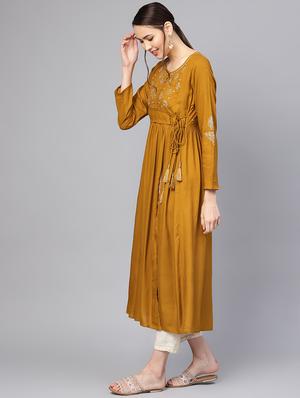 mustard embroidered front slit a-line kurta - 16552106 - Standard Image - 2
