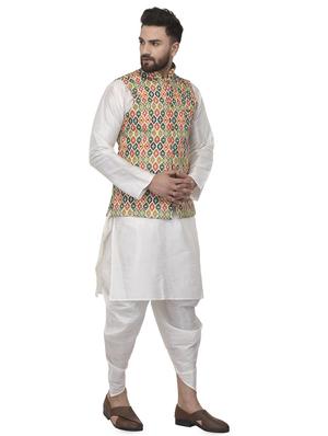 white solid dhoti kurta set with green printed nehru jacket - 16553538 - Standard Image - 2