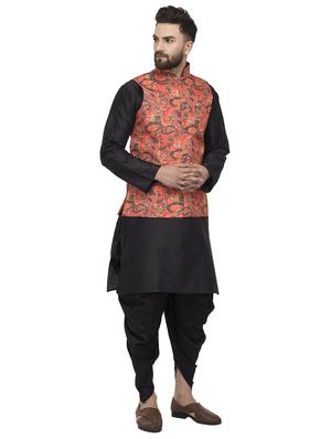 black solid dhoti kurta set with orange printed nehru jacket - 16553562 - Standard Image - 2