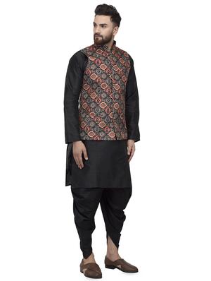 black solid dhoti kurta set with multi colored printed nehru jacket - 16553568 - Standard Image - 2