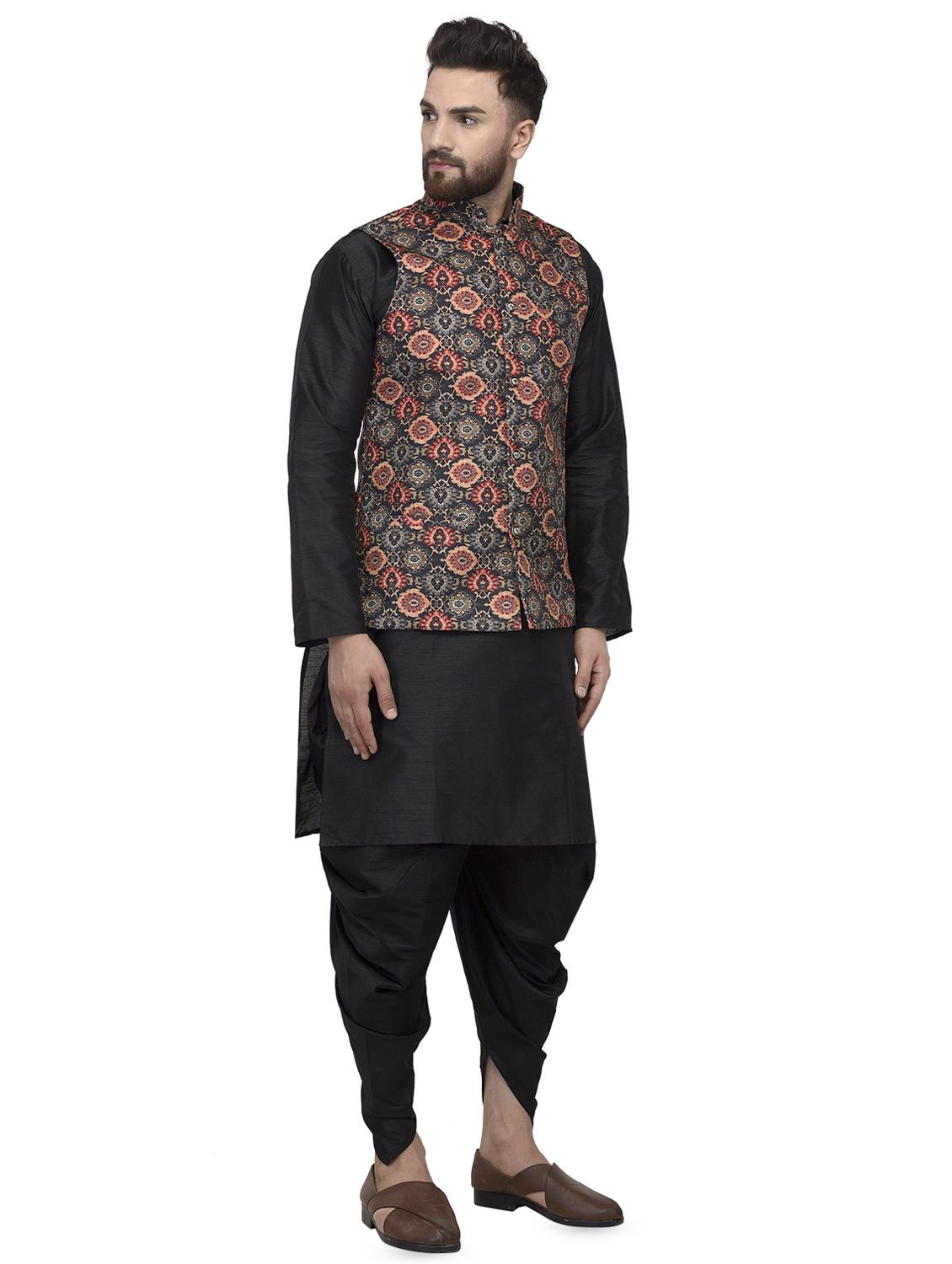 black solid dhoti kurta set with multi colored printed nehru jacket - 16553568 - Zoom Image - 2