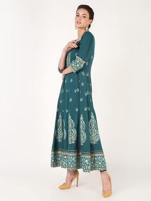 block printed anarkali kurta with dupatta set - 16556746 - Standard Image - 2