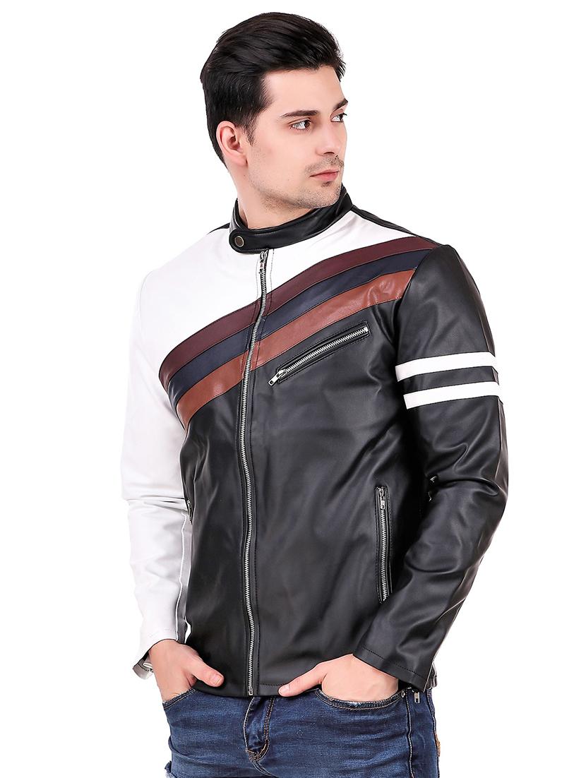 black striped faux leather biker jacket - 16561914 - Zoom Image - 2