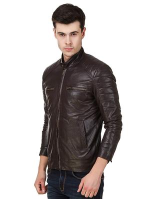 brown solid faux leather biker jacket - 16561927 - Standard Image - 2