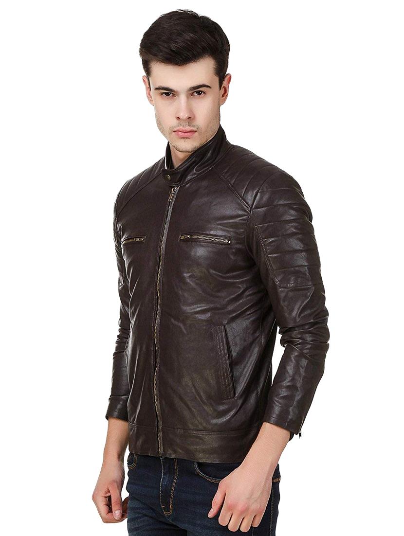 brown solid faux leather biker jacket - 16561927 - Zoom Image - 2