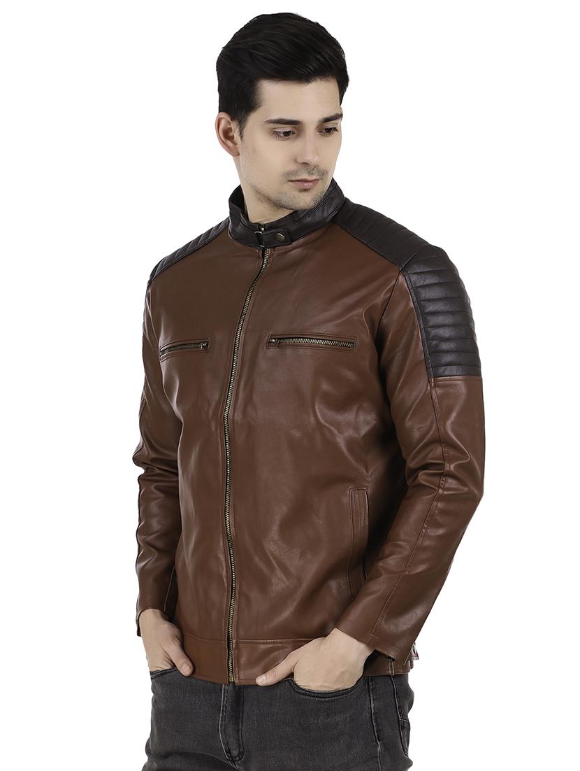 brown color block biker jacket - 16561935 - Zoom Image - 2