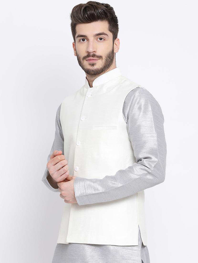 white silk blend nehru jacket - 16561952 - Zoom Image - 2