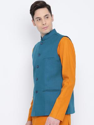 blue solid nehru jacket - 16561991 - Standard Image - 2