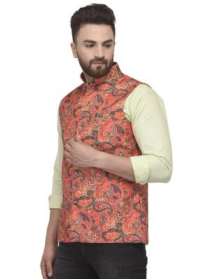 orange paisley printed nehru jacket - 16566707 - Standard Image - 2