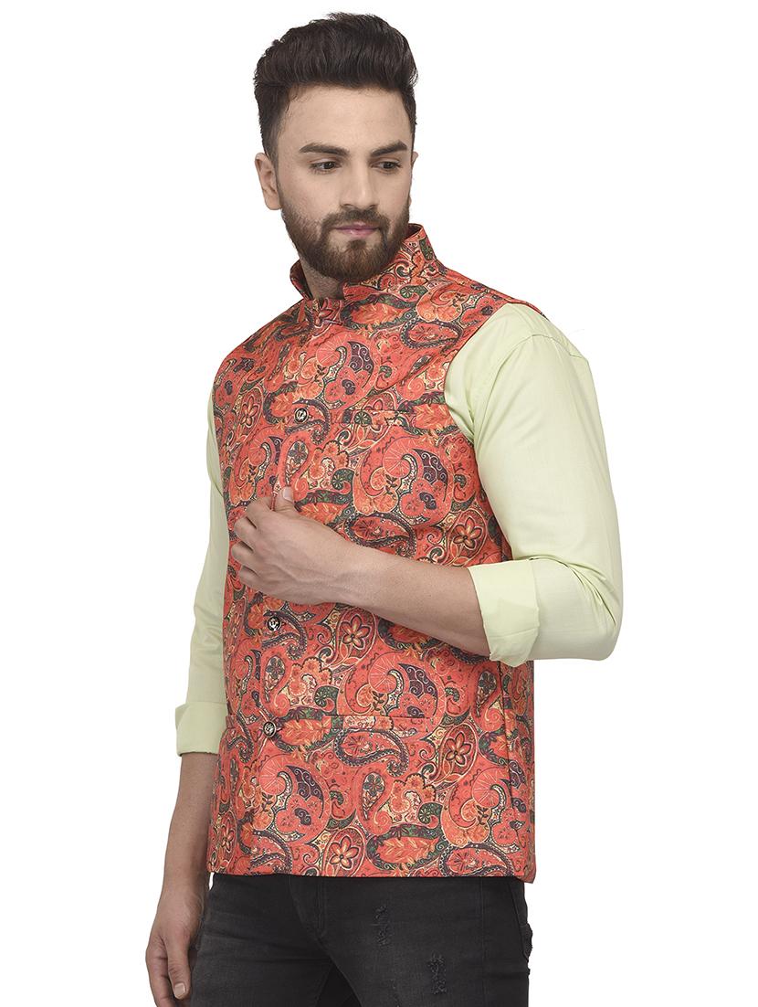 orange paisley printed nehru jacket - 16566707 - Zoom Image - 2