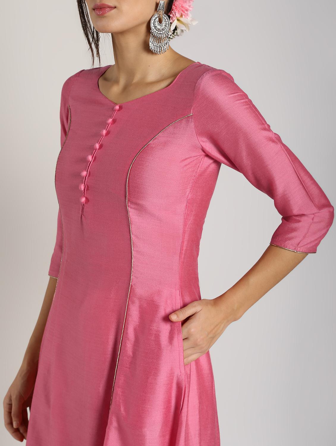 piping detailed silk flared kurta - 16568794 - Zoom Image - 5