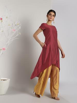 solid silk asymmetric kurta - 16568795 - Standard Image - 2