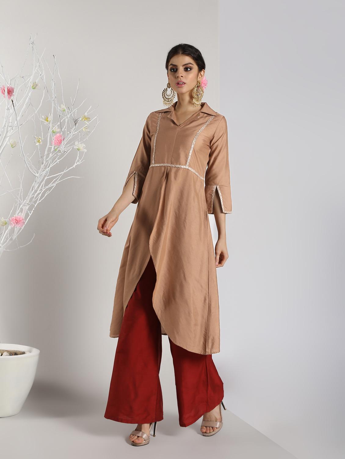 solid silk high slit kurta - 16568799 - Zoom Image - 2