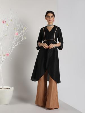 solid silk high slit kurta - 16568800 - Standard Image - 2