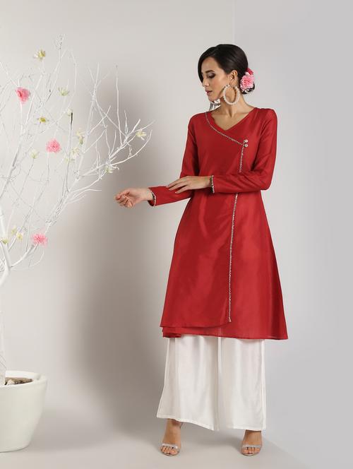 solid silk angrakha kurta - 16568802 - Standard Image - 1