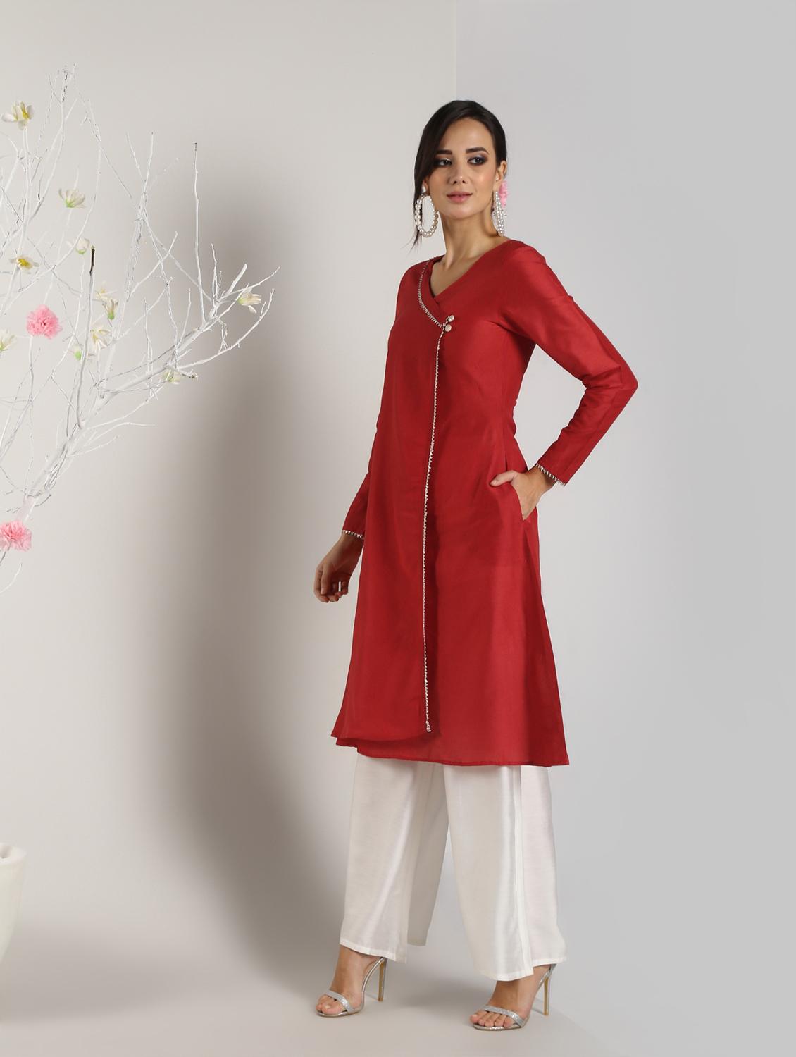 solid silk angrakha kurta - 16568802 - Zoom Image - 2