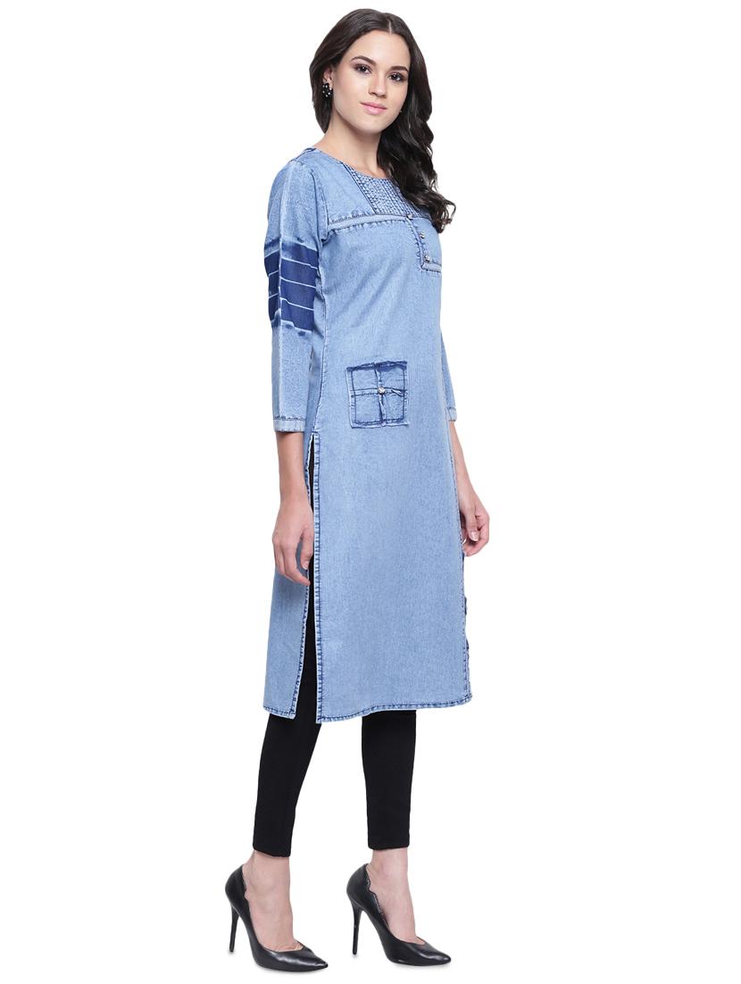 denim straight kurta - 16586021 - Zoom Image - 2