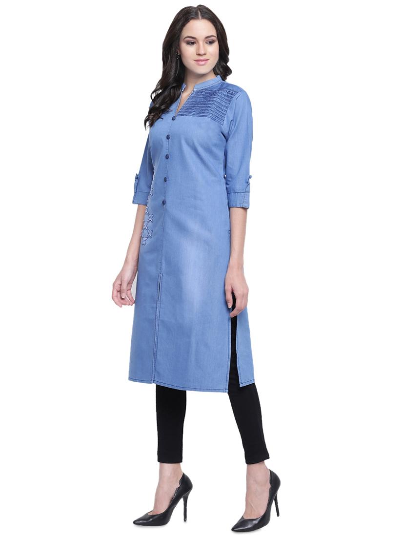 denim straight kurta - 16586023 - Zoom Image - 2