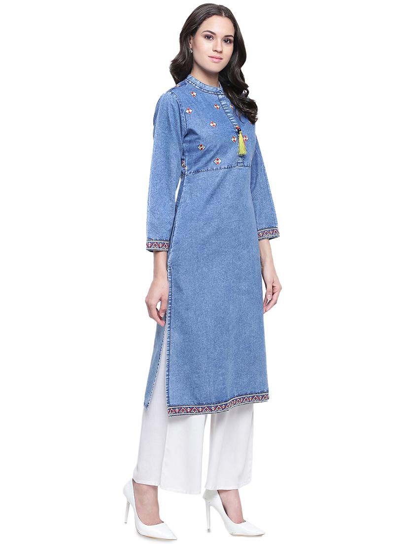 denim straight kurta - 16586024 - Zoom Image - 2