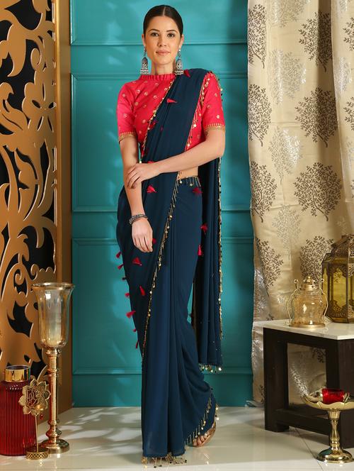 solid embroidered saree with blouse - 16588096 - Standard Image - 1