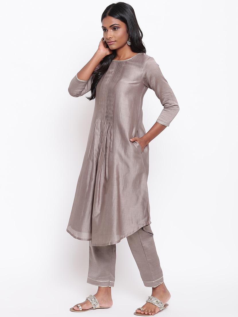 solid chanderi a-line kurta - 16589569 - Zoom Image - 2