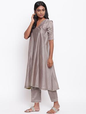 solid chanderi flared kurta - 16589570 - Standard Image - 2