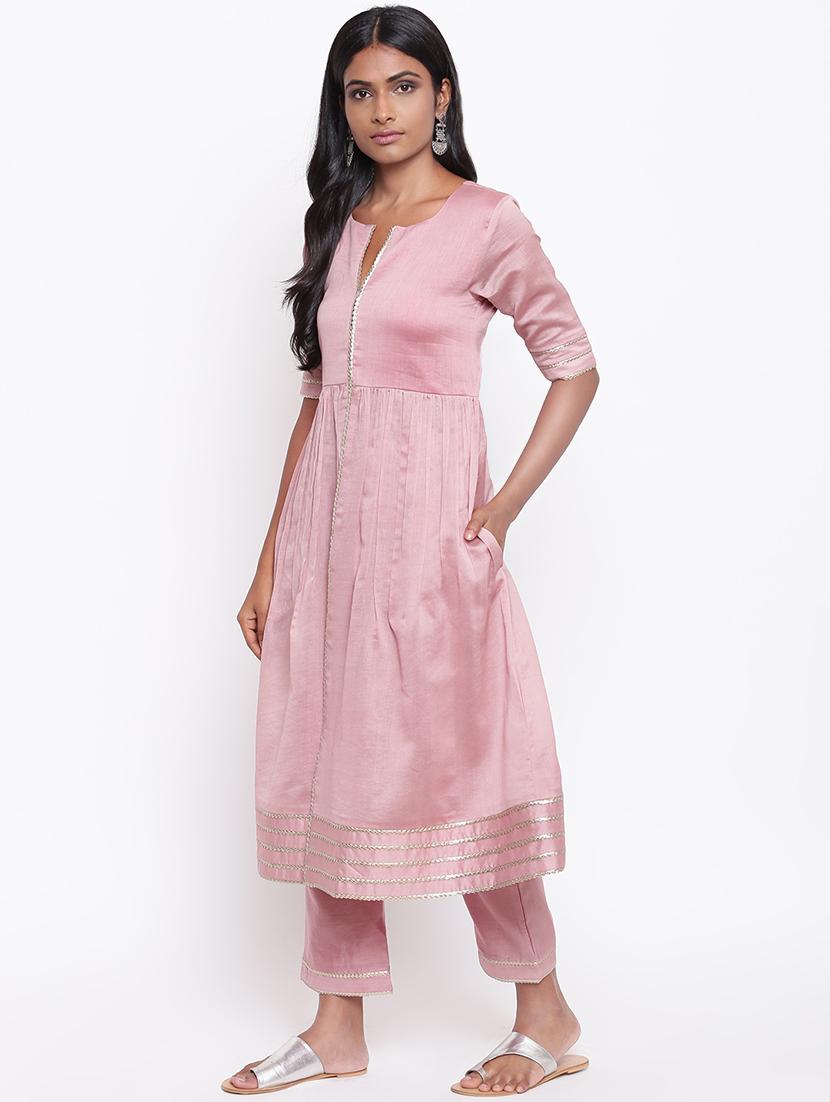 solid chanderi flared kurta - 16589573 - Zoom Image - 2