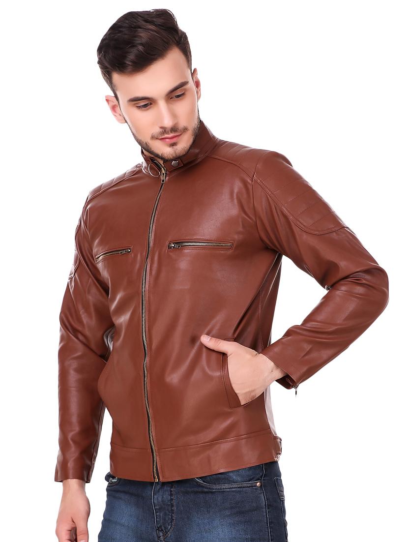 brown solid faux leather biker jacket - 16595569 - Zoom Image - 2