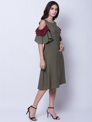 contrast detail bell sleeved a-line dress - 16596582 - Standard Image - 2