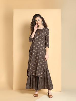 brown rayon kurta palazzo set - 16598531 - Standard Image - 2