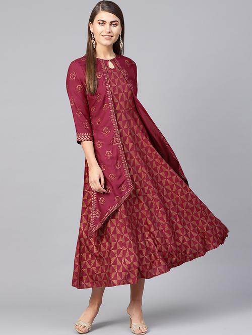 gold print layered ethnic dress - 16599583 - Standard Image - 1