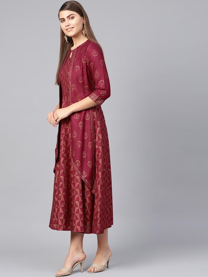 gold print layered ethnic dress - 16599583 - Zoom Image - 2