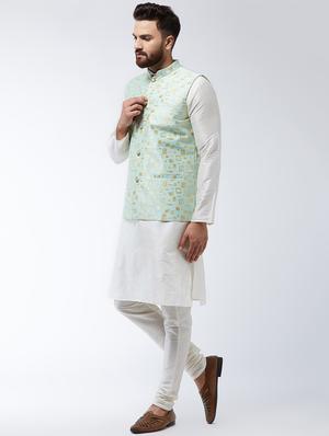 white solid kurta pyjama set with nehru jacket - 16599716 - Standard Image - 2