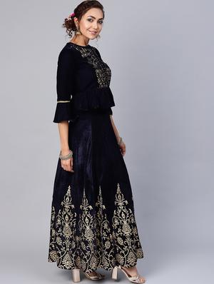 velvet jacquard kalidar lehenga choli dupatta set - 16599902 - Standard Image - 2
