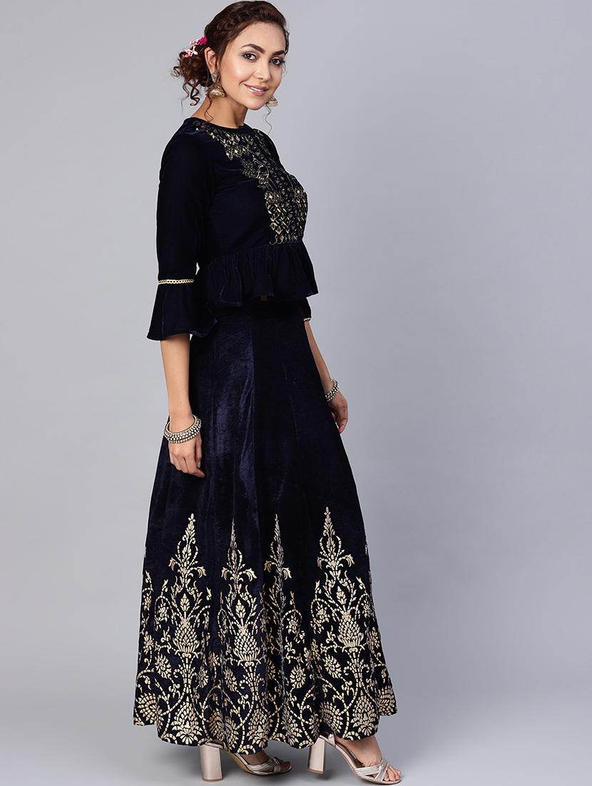 velvet jacquard kalidar lehenga choli dupatta set - 16599902 - Zoom Image - 2