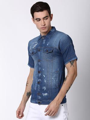 blue faded ripped denim casual shirt - 16600905 - Standard Image - 2